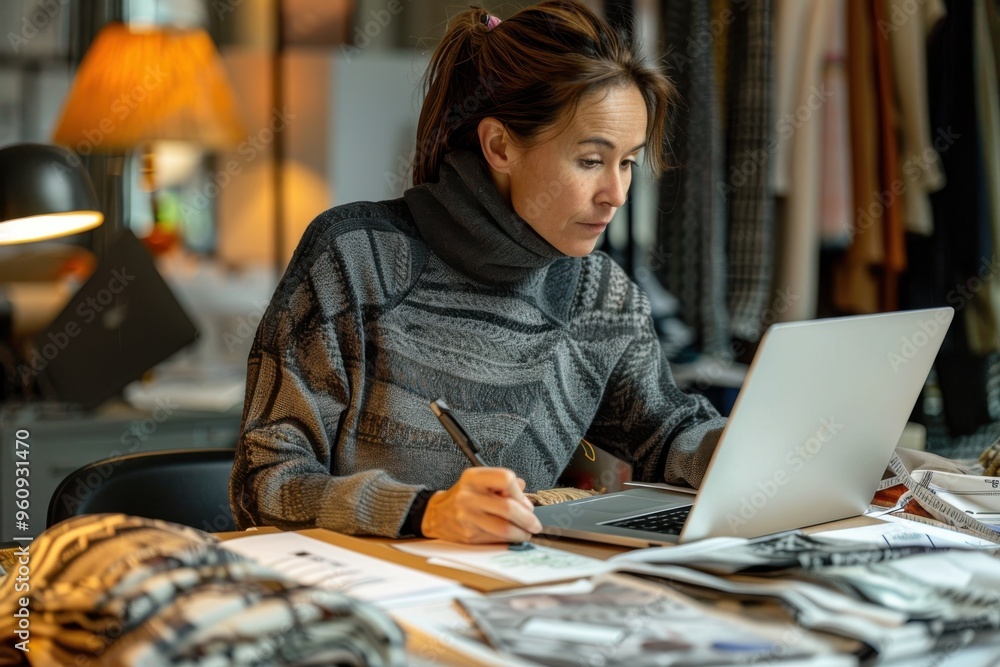 A woman is sitting at a desk with a laptop and a pen A woman is sitting at a desk with a laptop and a pen