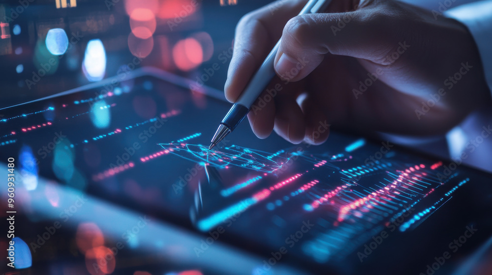 Close-up of a scientist's hand holding a digital pen, drawing on a tablet displaying DNA Close-up of a scientist's hand holding a digital pen, drawing on a tablet displaying DNA