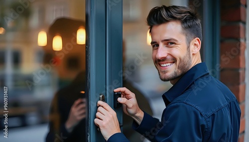 Businessman opening a door to a cafe.