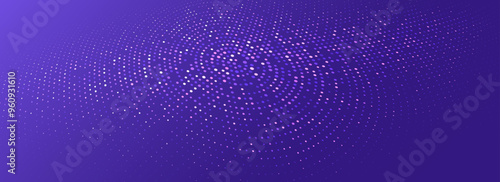 Purple glowing dotted texture. Abstract dot grid wallpaper. Curved halftone pattern background. Violet backdrop for technology, business, science, healthcare, medicine, presentation design. Vector
