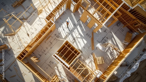 Aerial View of Modern Wooden House Construction Site with Sunlight and Shadows