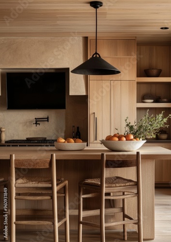 A modern kitchen with wood cabinets and white walls, an open concept design, a hanging black light fixture above the island with wooden barstools, a black TV on the wall above the range hood, a wood f