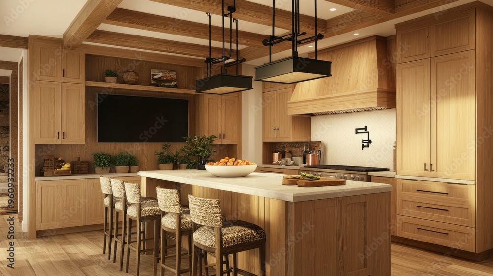 A modern kitchen with wood cabinets and white walls, an open concept design, a hanging black light fixture above the island with wooden barstools, a black TV on the wall above the range hood, a wood f A modern kitchen with wood cabinets and white walls, an open concept design, a hanging black light fixture above the island with wooden barstools, a black TV on the wall above the range hood, a wood f