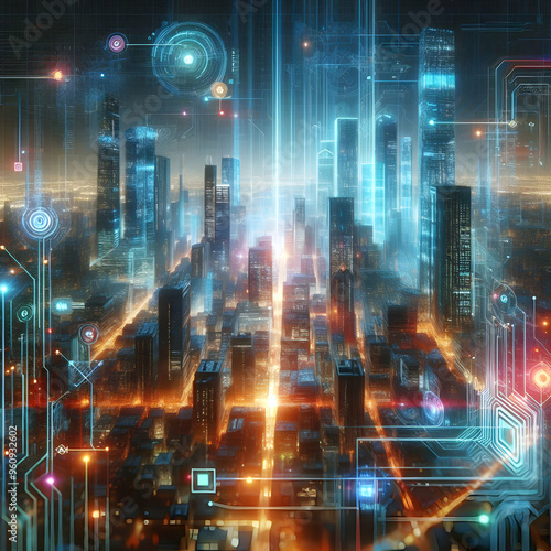 Glowing Digital Cityscape: Futuristic Skyscrapers, Neon Lights, Holographic Billboards, Urban Tech, Smart Cities - Perfect Background for Tech Advertisements in High-Tech Metropolis