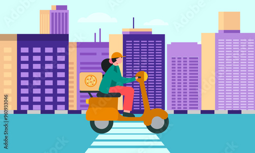 MobileCartoon pizza courier carries pizza on scooter. Pizzeria concept