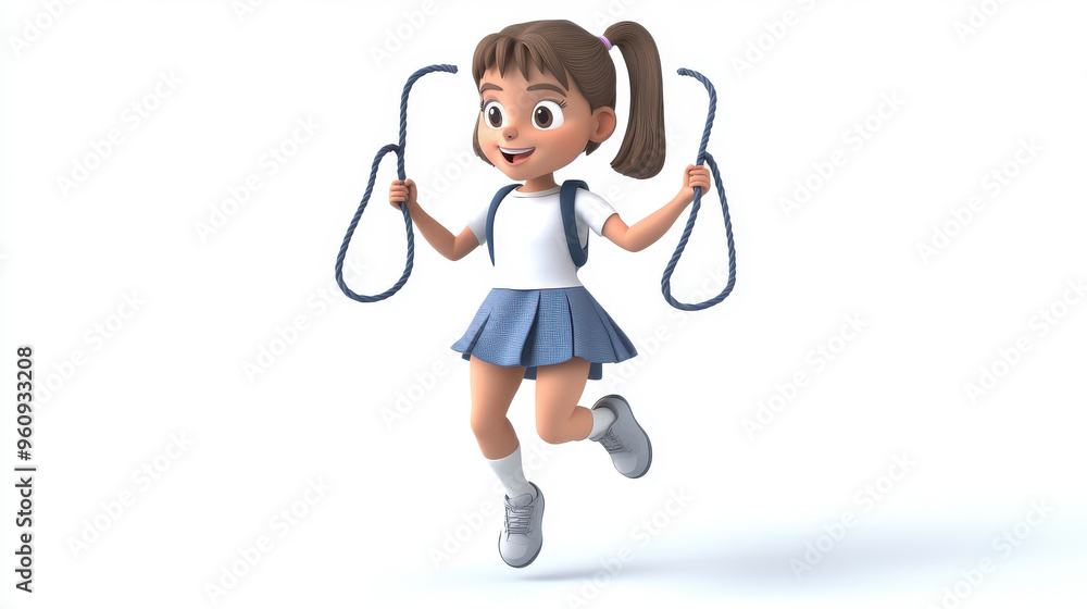Cute 3D cartoon schoolgirl playing with a skipping rope, set against a white background Cute 3D cartoon schoolgirl playing with a skipping rope, set against a white background