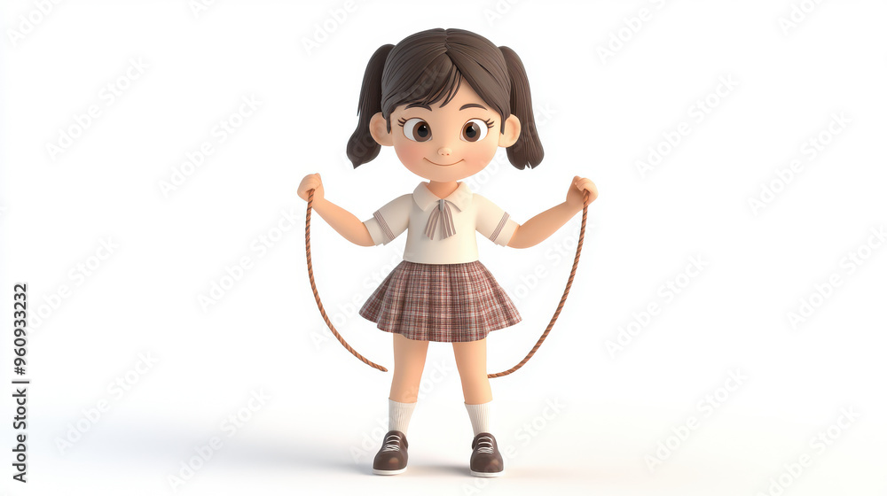 Cute 3D cartoon schoolgirl playing with a skipping rope, set against a white background Cute 3D cartoon schoolgirl playing with a skipping rope, set against a white background