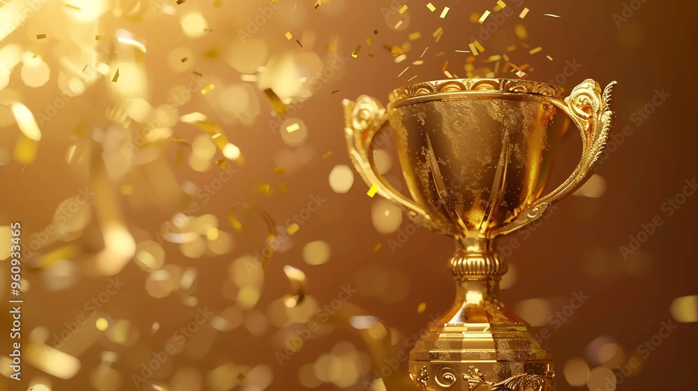 Close up golden trophy award with falling confetti. Golden Trophy on a Sparkling Background. A gleaming golden trophy surrounded by shimmering confetti, symbolizing achievement and success. Close up golden trophy award with falling confetti. Golden Trophy on a Sparkling Background. A gleaming golden trophy surrounded by shimmering confetti, symbolizing achievement and success.