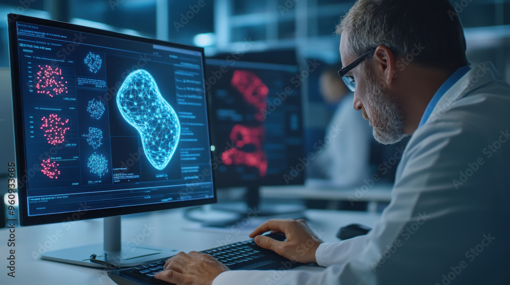 Doctor reviewing detailed hemoglobin typing results on a computer screen, assessing Doctor reviewing detailed hemoglobin typing results on a computer screen, assessing