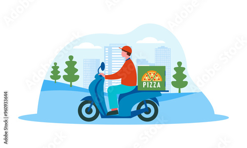 MobileCartoon pizza courier carries pizza on scooter. Pizzeria concept