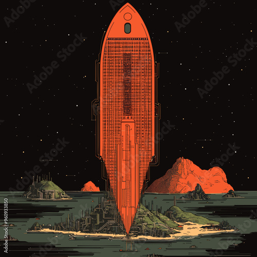 Surreal Futuristic Red Spaceship Hovering Above Alien Islands Under Starry Night Sky in Detailed Science Fiction Art