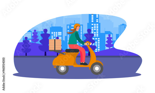 MobileCartoon pizza courier carries pizza on scooter. Pizzeria concept