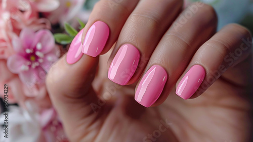 Woman hand nails with pink manicure