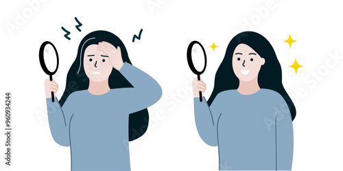Set of woman holding mirror before and after dyeing hair. Girl worrying about grey hairs. Early aging, maturity, beauty, hairstyle, lifestyle concept. Flat people character vector illustration.