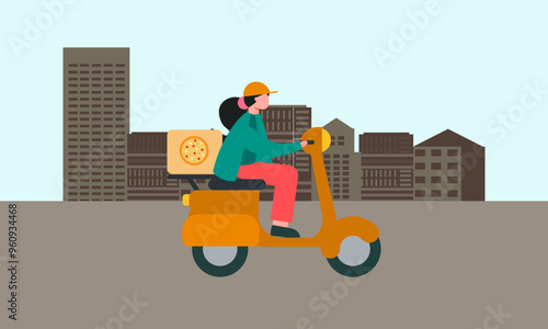 MobileCartoon pizza courier carries pizza on scooter. Pizzeria concept
