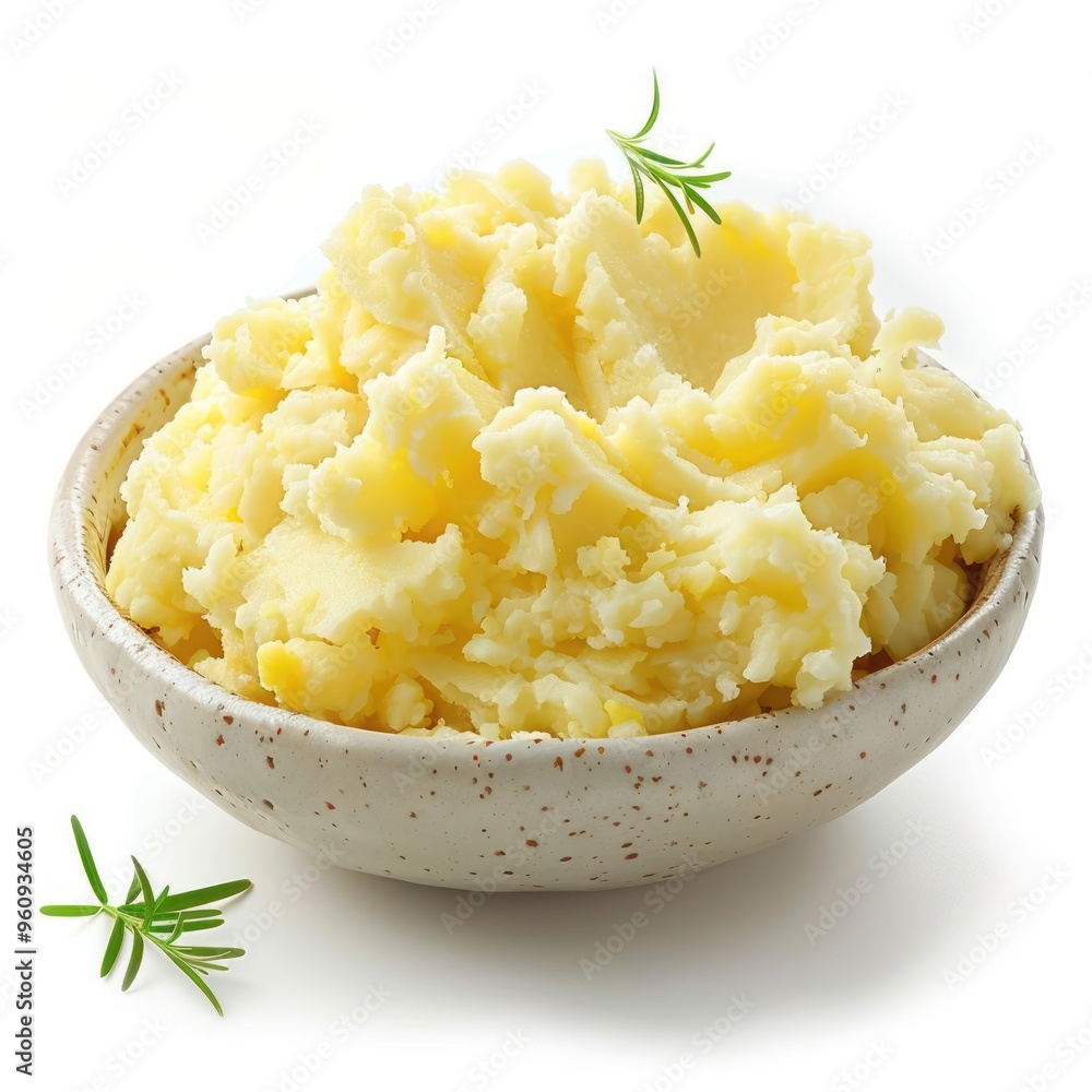 A bowl of yellow mashed potatoes in a coarse ceramic bowl with fresh parsley sprinkled on top. A bowl of yellow mashed potatoes in a coarse ceramic bowl with fresh parsley sprinkled on top.