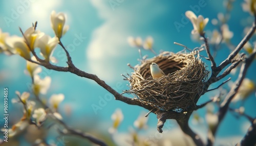 twig animal nest in tree new born house habitat with blue sky blurred background