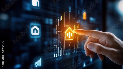 Close-up of a professional male s hand touching a glowing real estate growth graph on a digital screen, home investment concept, property market analysis photo