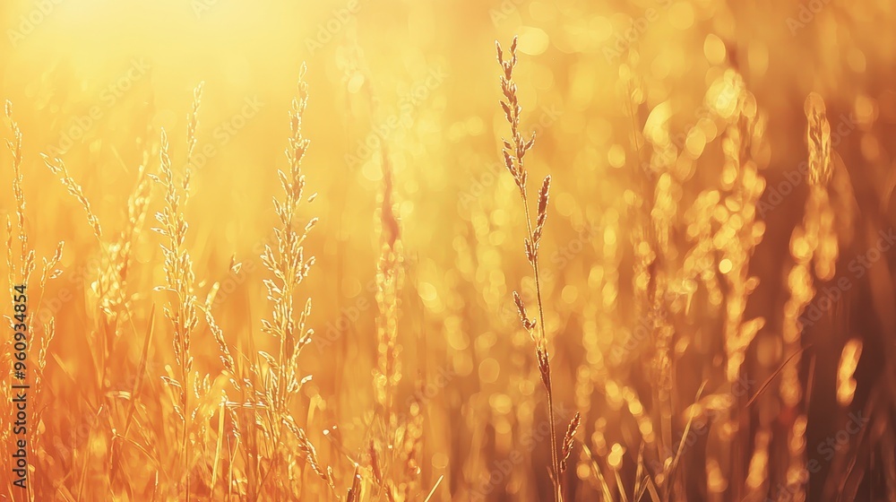 Obraz premium Golden Grass Sunset Warm Meadow Bokeh Background