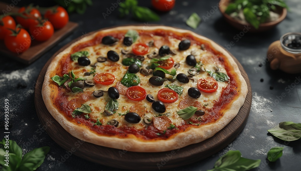 Pizza with tomato, olive and mint on board plate and dark background background Pizza with tomato, olive and mint on board plate and dark background background