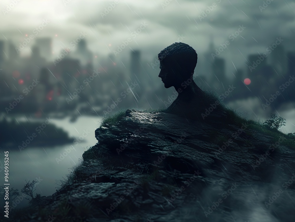 Obraz premium A lone figure carved into a cliff overlooking a rain-soaked city at dusk.