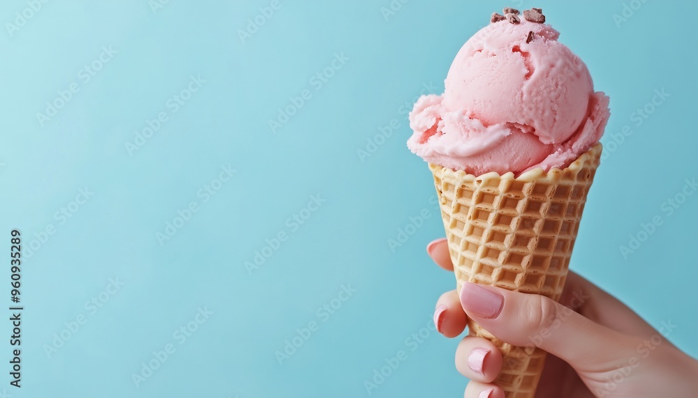 Female hand holding a waffle cone ice cream sweet dessert copy space blue background Female hand holding a waffle cone ice cream sweet dessert copy space blue background
