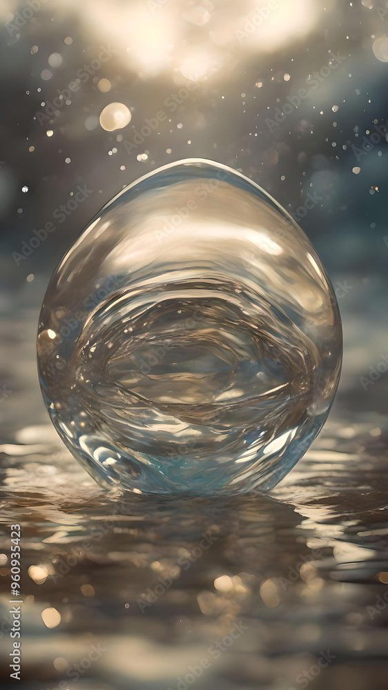 An ovoid water artwork bathed in gentle light An ovoid water artwork bathed in gentle light