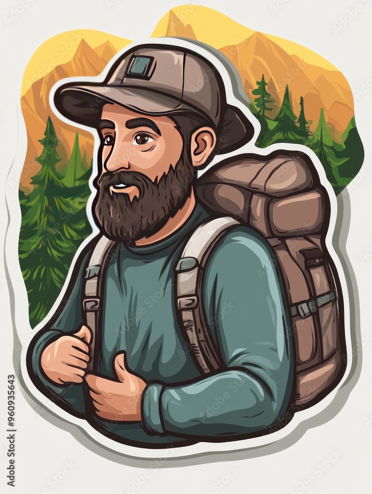 A cartoon illustration of a bearded hiker with a backpack standing in front of mountains. A cartoon illustration of a bearded hiker with a backpack standing in front of mountains.