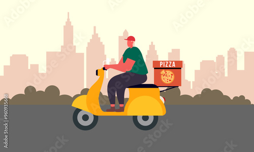 Cartoon pizza courier carries pizza on scooter. Pizzeria concept