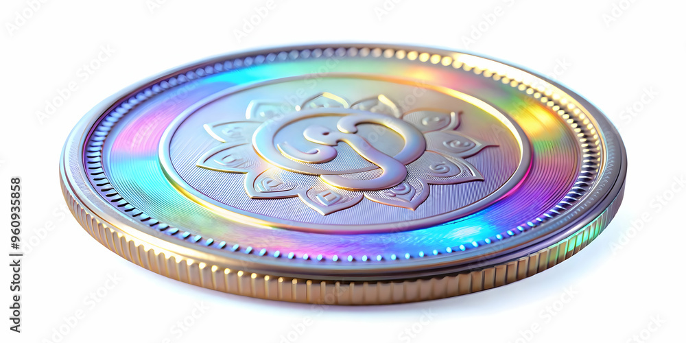 Holographic Labh Pancham Coin Floating in Air on White Background with Copy Space - Glowing Unique Currency Symbol Concept Perfect for Text Overlay in Photo Stock Collection Holographic Labh Pancham Coin Floating in Air on White Background with Copy Space - Glowing Unique Currency Symbol Concept Perfect for Text Overlay in Photo Stock Collection