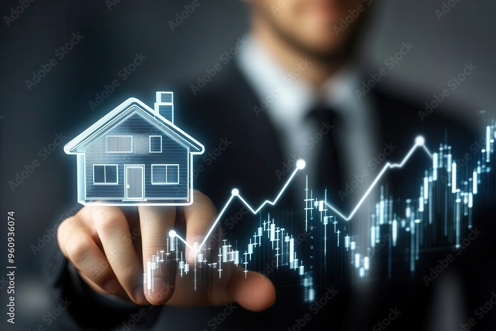 Professional male in background touches holographic house and dollar icon, rising financial graph ahead, property investment returns, hyper-realistic details Professional male in background touches holographic house and dollar icon, rising financial graph ahead, property investment returns, hyper-realistic details