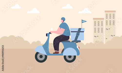 Cartoon pizza courier carries pizza on scooter. Pizzeria concept