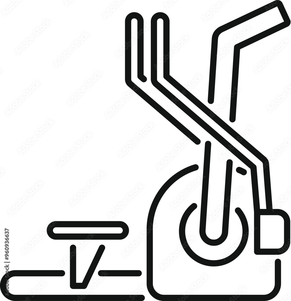 Stationary exercise bike with adjustable seat and handlebars is depicted in a simple line art style Stationary exercise bike with adjustable seat and handlebars is depicted in a simple line art style