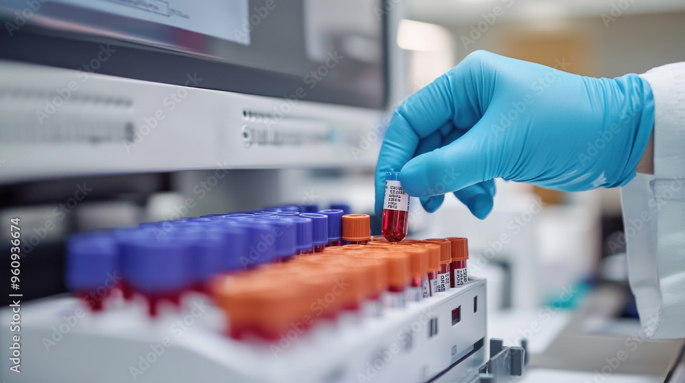Lab technician inputting hemoglobin typing data into a system for thalassemia diagnostic Lab technician inputting hemoglobin typing data into a system for thalassemia diagnostic