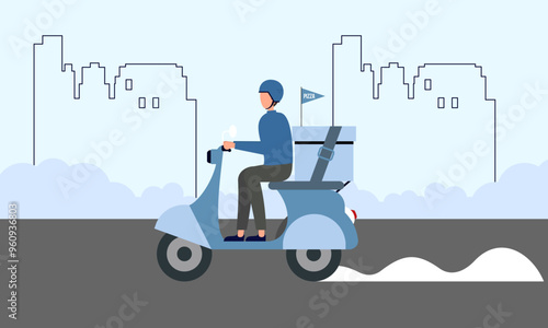 Cartoon pizza courier carries pizza on scooter. Pizzeria concept