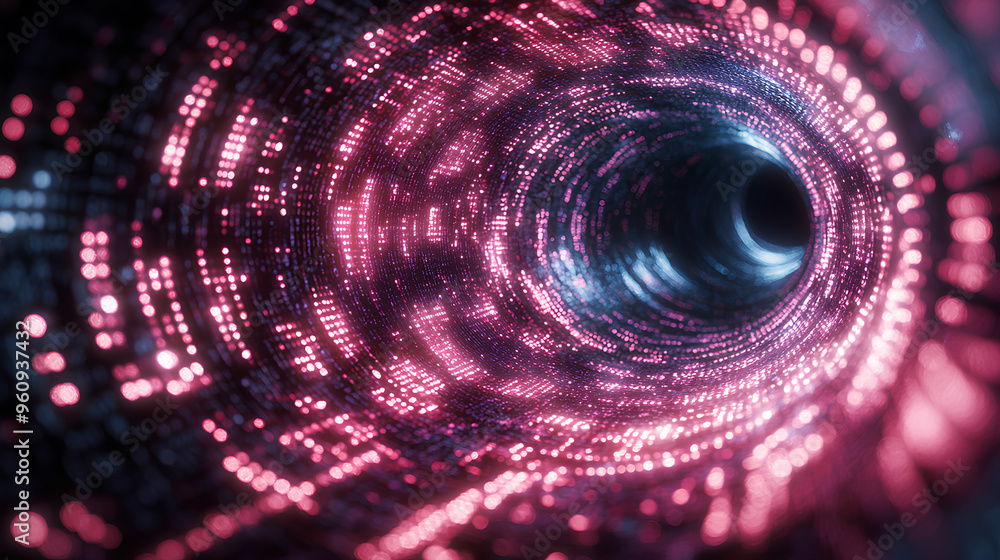 Pink light trails form a swirling tunnel with a black center, surrounded by digital binary code Pink light trails form a swirling tunnel with a black center, surrounded by digital binary code
