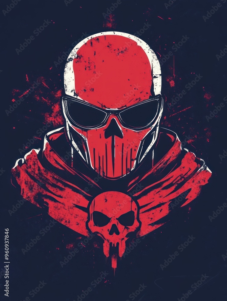 A digital illustration of a skull with sunglasses and a red hood on a dark background. A digital illustration of a skull with sunglasses and a red hood on a dark background.