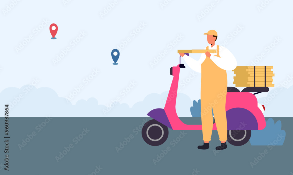 Cartoon pizza courier carries pizza on scooter. Pizzeria concept Cartoon pizza courier carries pizza on scooter. Pizzeria concept