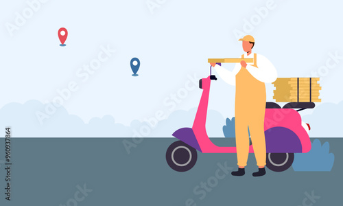 Cartoon pizza courier carries pizza on scooter. Pizzeria concept