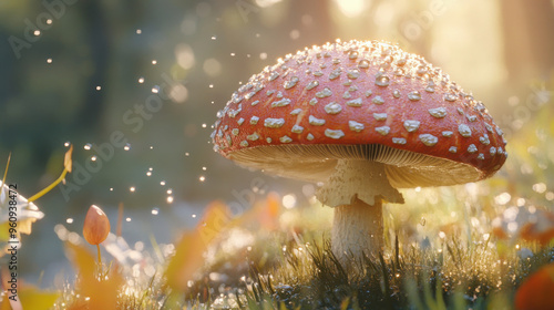 Mushroom with dewdrops glistening under a realistic soft sunlight, detailed texture