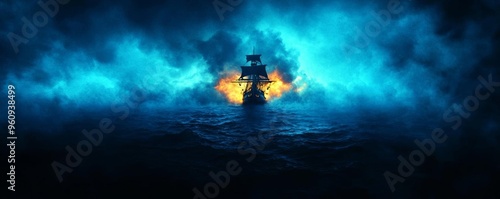 Pirate captain, ghostly figure at the helm, stormy seas, Watercolor style