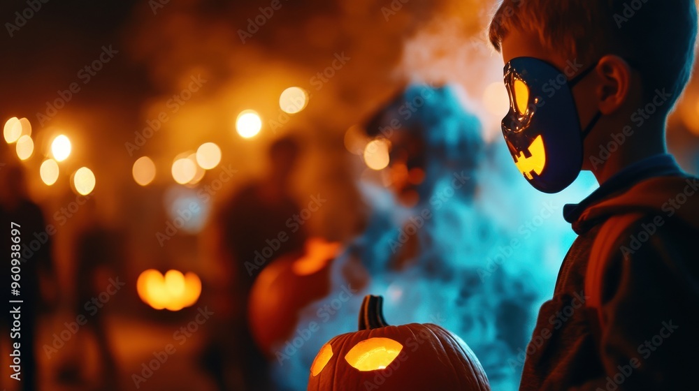 Naklejka premium A child celebrates Halloween, holding a glowing pumpkin, surrounded by a festive atmosphere filled with smoke and lights.