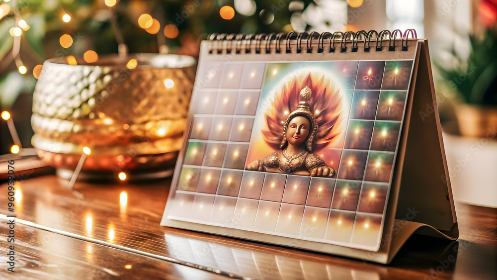 A futuristic holographic calendar with Labh Pancham symbol glowing on ...