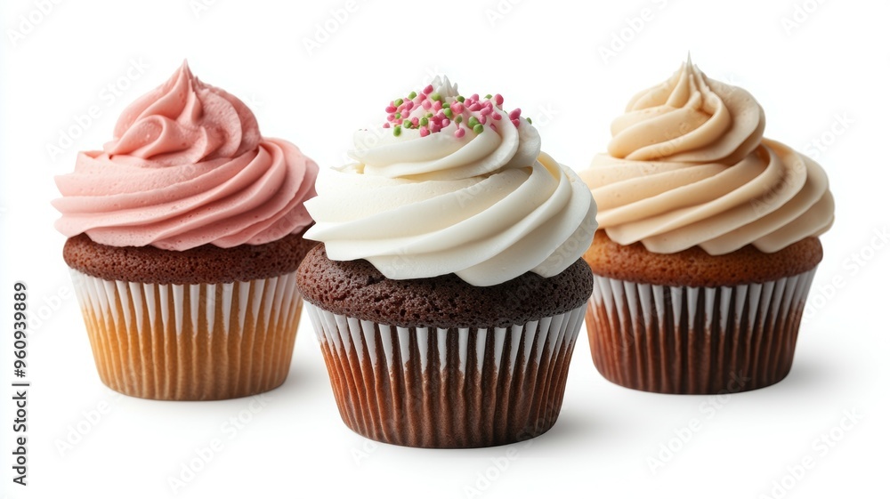Three cupcakes with different frosting and sprinkles Three cupcakes with different frosting and sprinkles