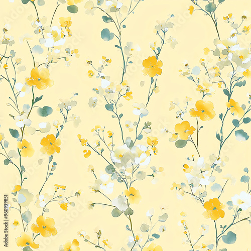 Watercolor, pastel yellow and soft blue tiny flower pattern, with branches and leaves, on a light background,