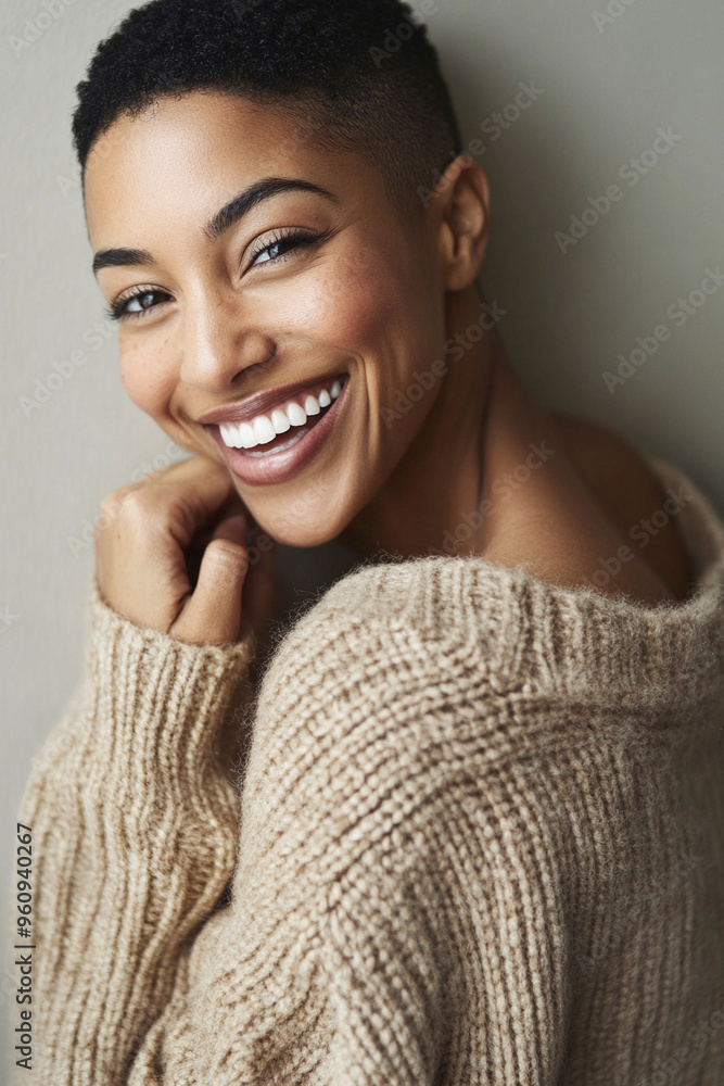 A black woman smiling and looking at the camera A black woman smiling and looking at the camera