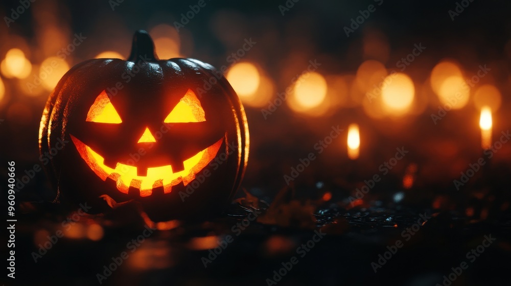 A glowing jack-o'-lantern illuminated by candlelight, embodying the spirit of Halloween in a dark, mysterious setting.