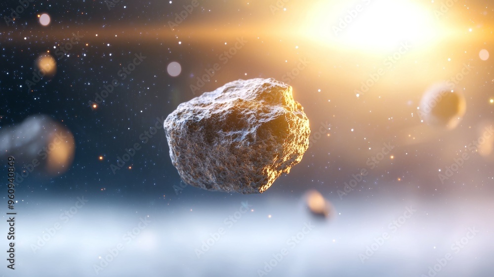 A rock is floating in space with a bright sun in the background A rock is floating in space with a bright sun in the background
