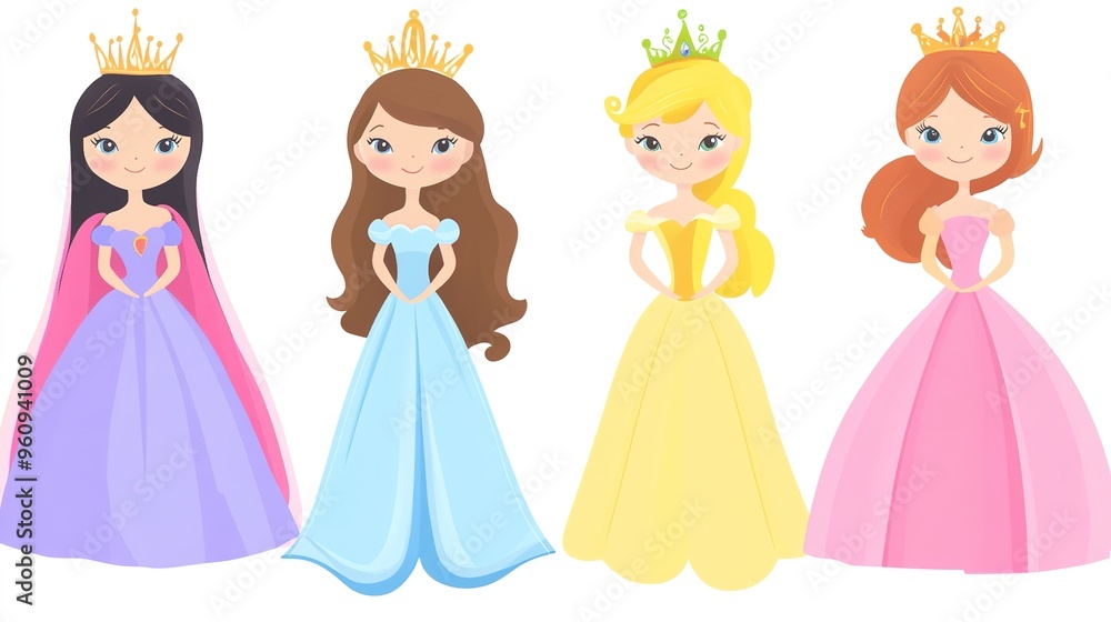 Four Cartoon Princesses in a Charming and Colorful Style, Featuring Distinctive Outfits and Magical Elements Four Cartoon Princesses in a Charming and Colorful Style, Featuring Distinctive Outfits and Magical Elements