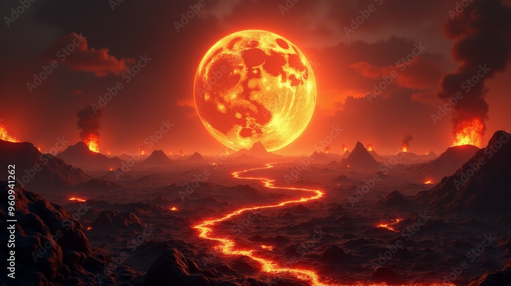 A fiery landscape with a large red moon in the sky A fiery landscape with a large red moon in the sky
